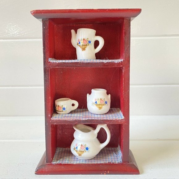 Miniature Dollhouse Wood Cupboard with Ceramic  Pitcher Jar Cup - Picture 2 of 11